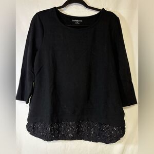 Croft & Barrow Black Ponte Knit Lace Hem Minimalist Coastal Beach BohoTop L